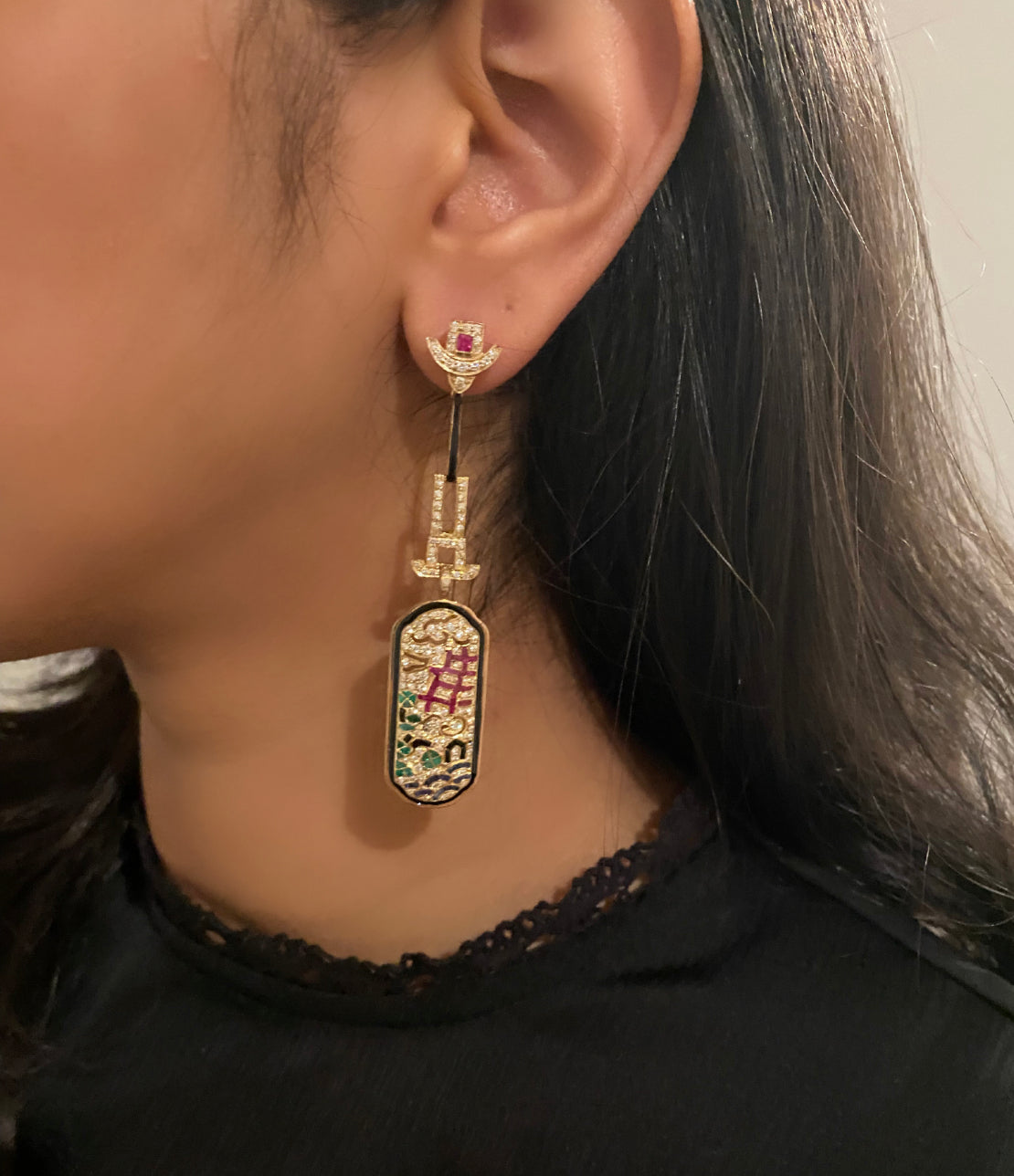 La Campagne: Art Deco Diamond Emerald and Ruby Earring image 2