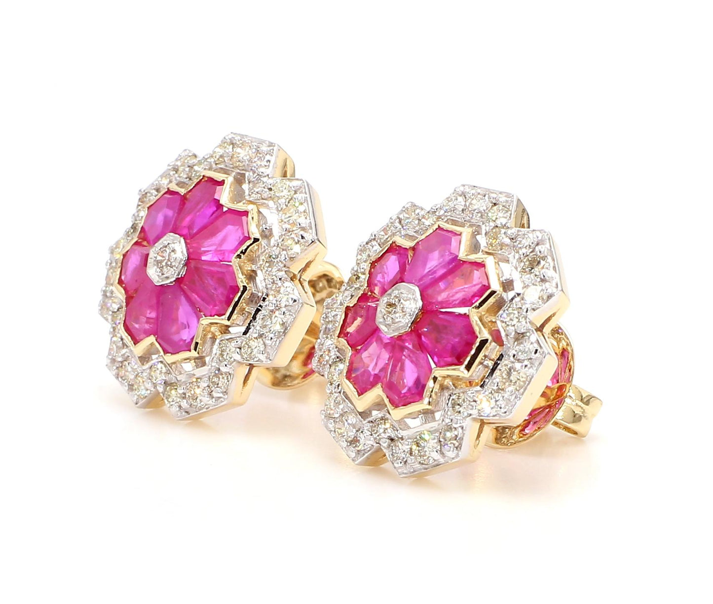 3.12 Carat Ruby and 1.15 Carat Diamond Geometric Flower 18K Gold Earring