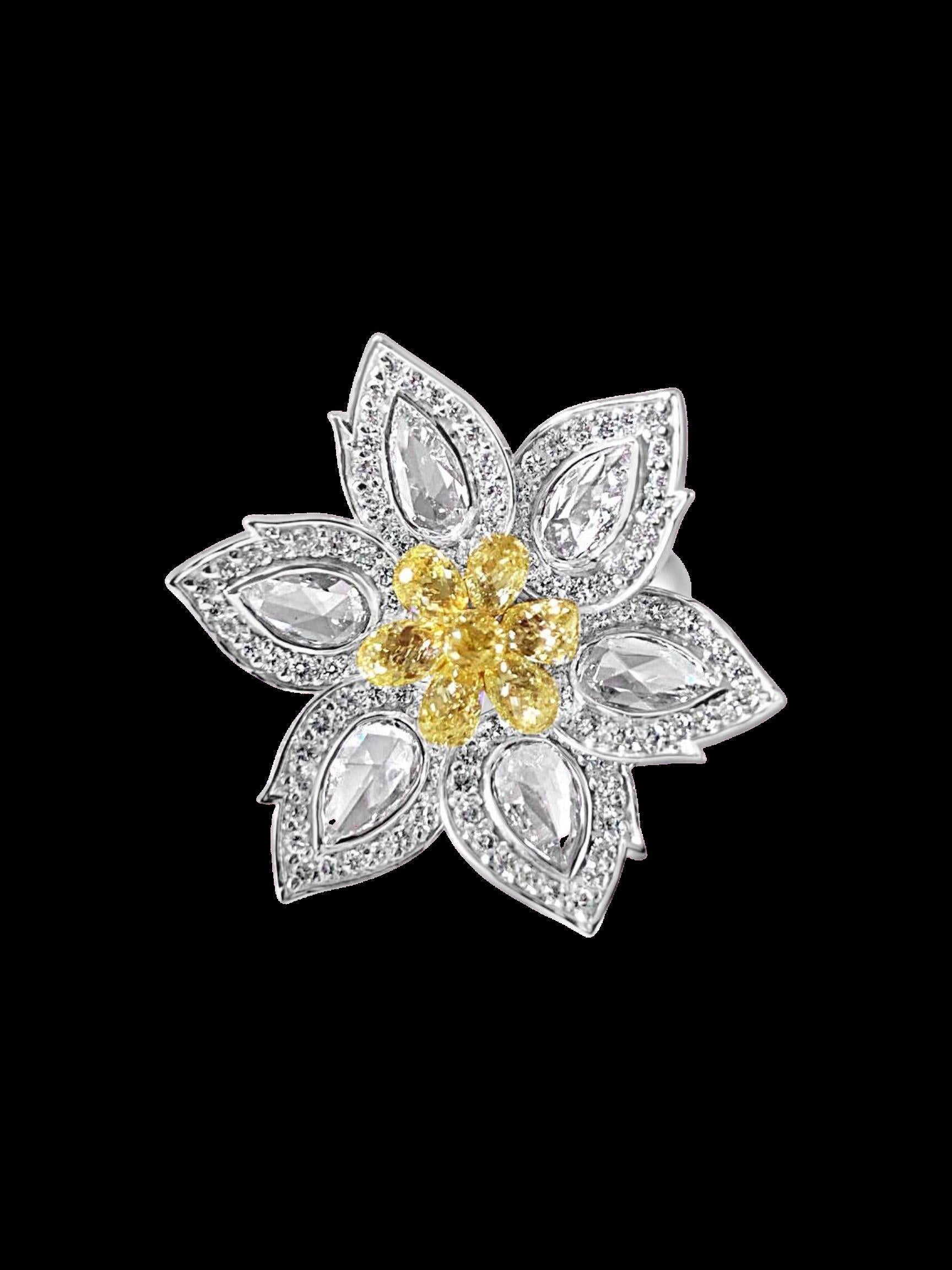 1.92 Carat Diamond & 1.34 Carat Briolette Diamond 18K Ring - The Daisy, Size 6
