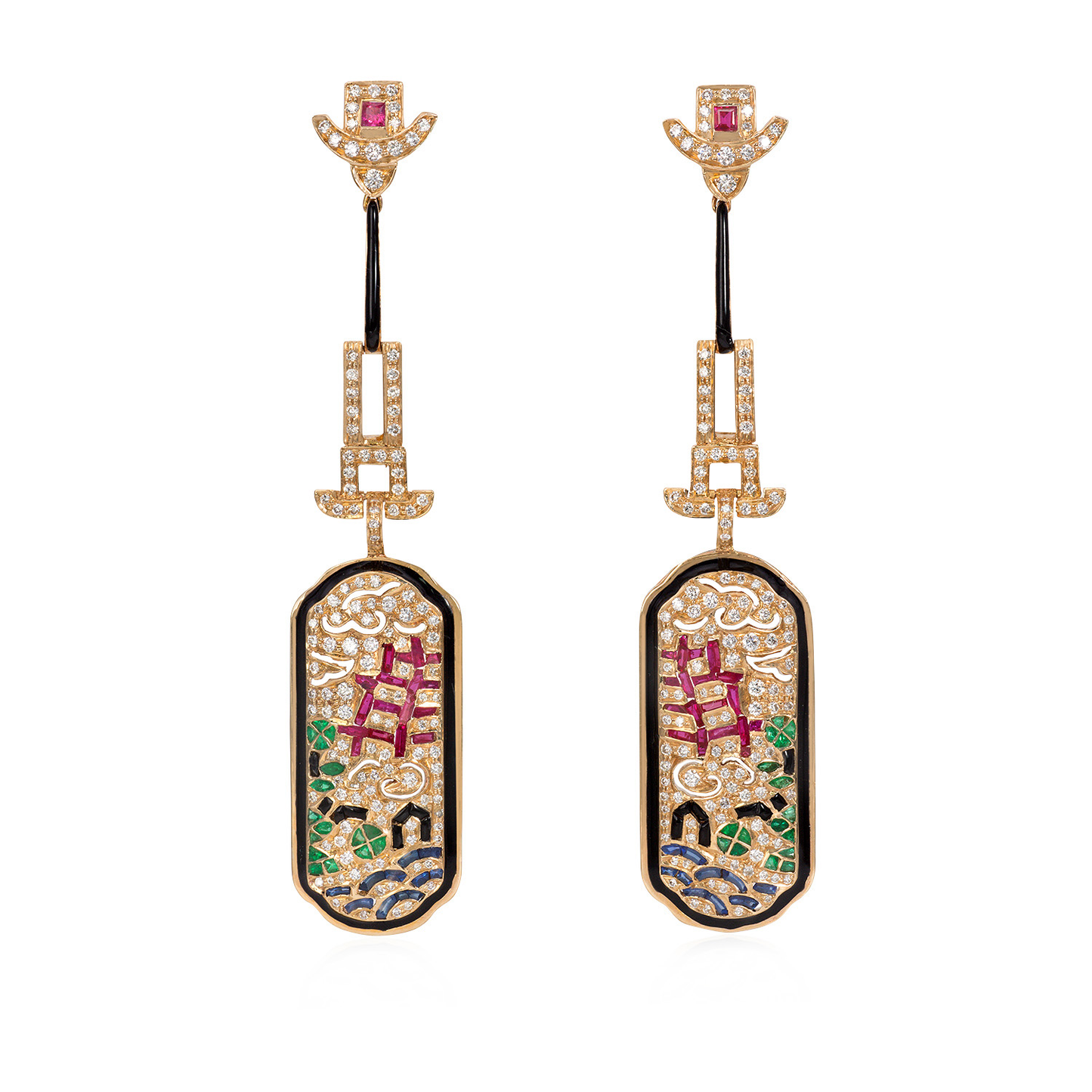 La Campagne: Art Deco Diamond Emerald and Ruby Earring image 0