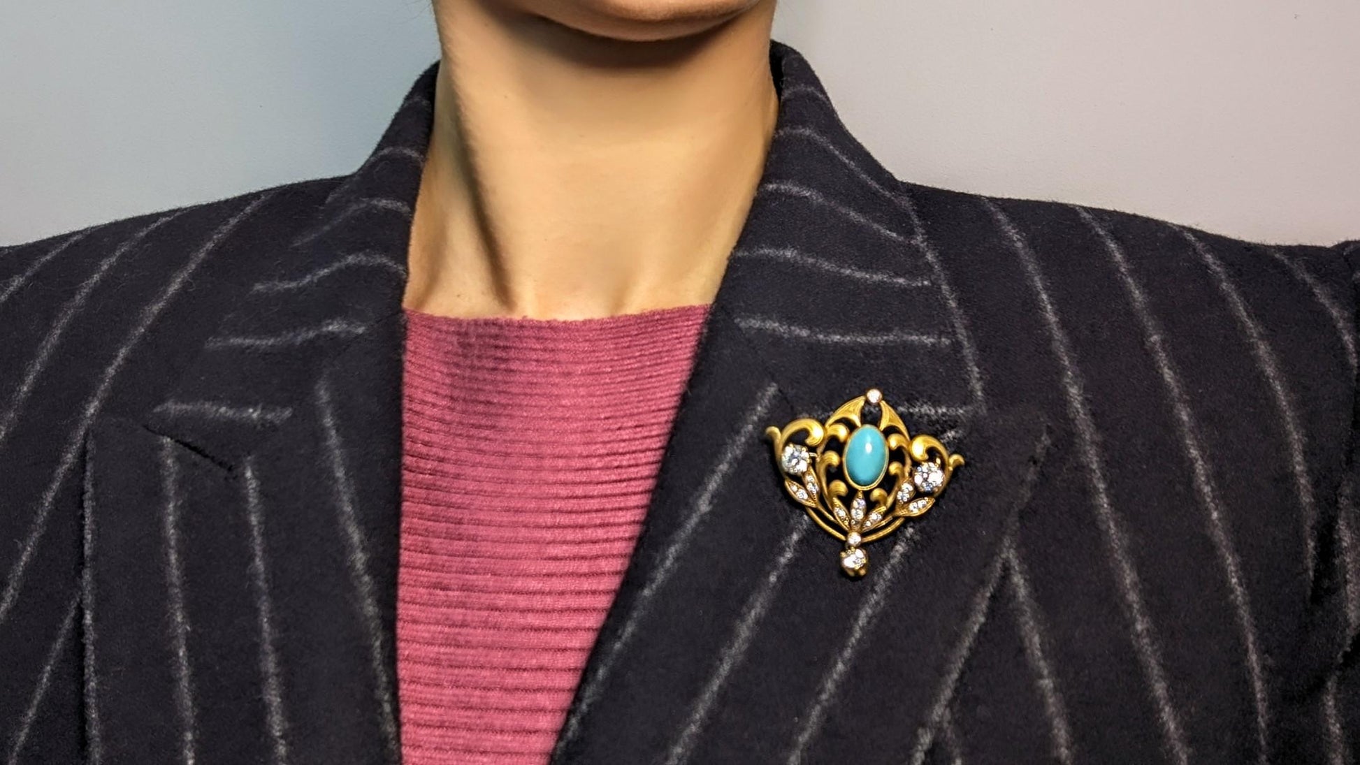 1.25 Carat Diamond and Turquoise Antique Pin 18K Gold