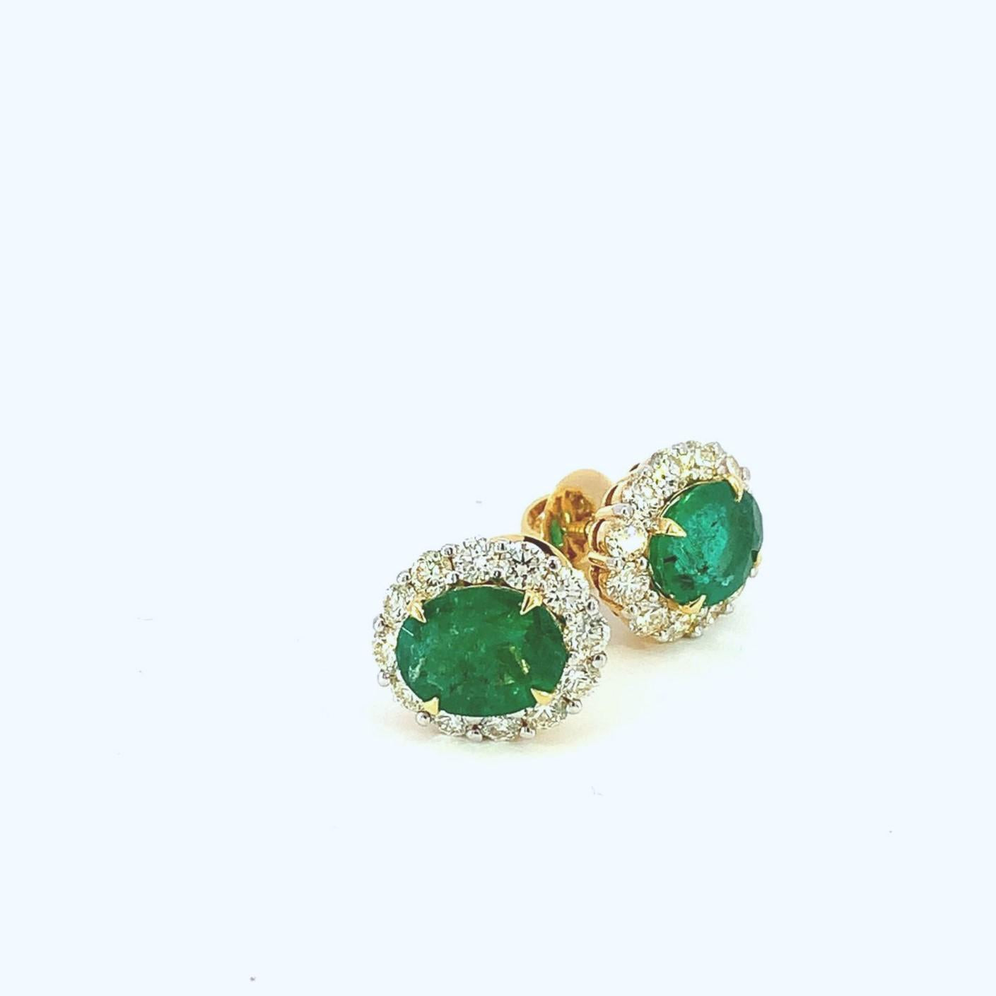 Natural 5.6 Carat Emerald and Diamond Stud Earring