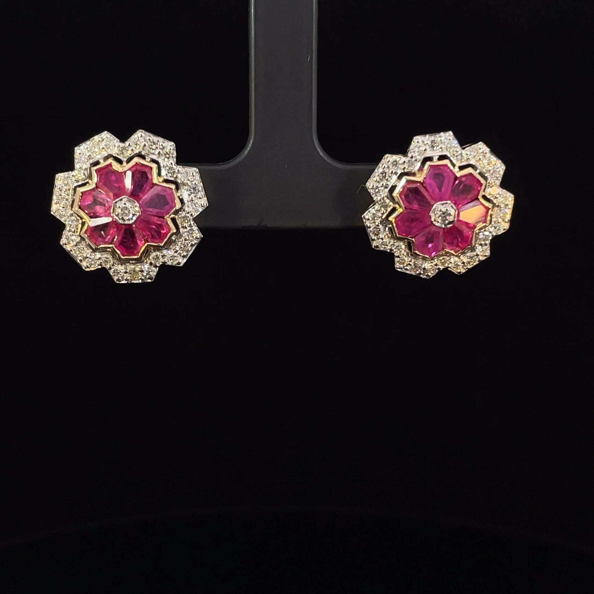3.12 Carat Ruby and 1.15 Carat Diamond Geometric Flower 18K Gold Earring