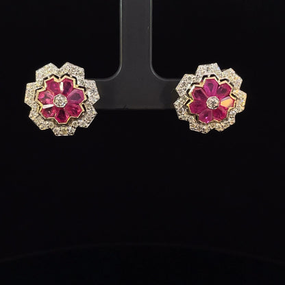 3.12 Carat Ruby and 1.15 Carat Diamond Geometric Flower 18K Gold Earring