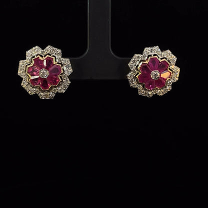 3.12 Carat Ruby and 1.15 Carat Diamond Geometric Flower 18K Gold Earring