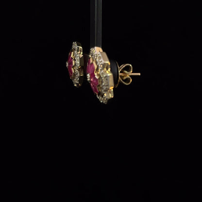 3.12 Carat Ruby and 1.15 Carat Diamond Geometric Flower 18K Gold Earring
