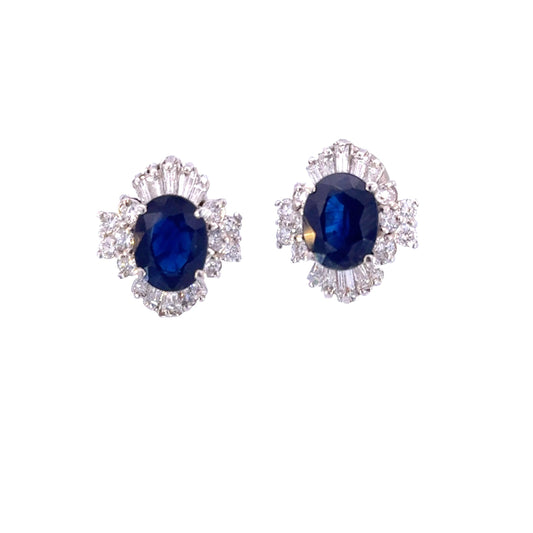 3.00 Carat Blue Sapphire and 1.00 Carat Diamond Studs 18K White Gold