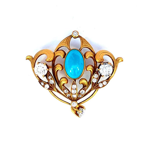 1.25 Carat Diamond and Turquoise Antique Pin 18K Gold