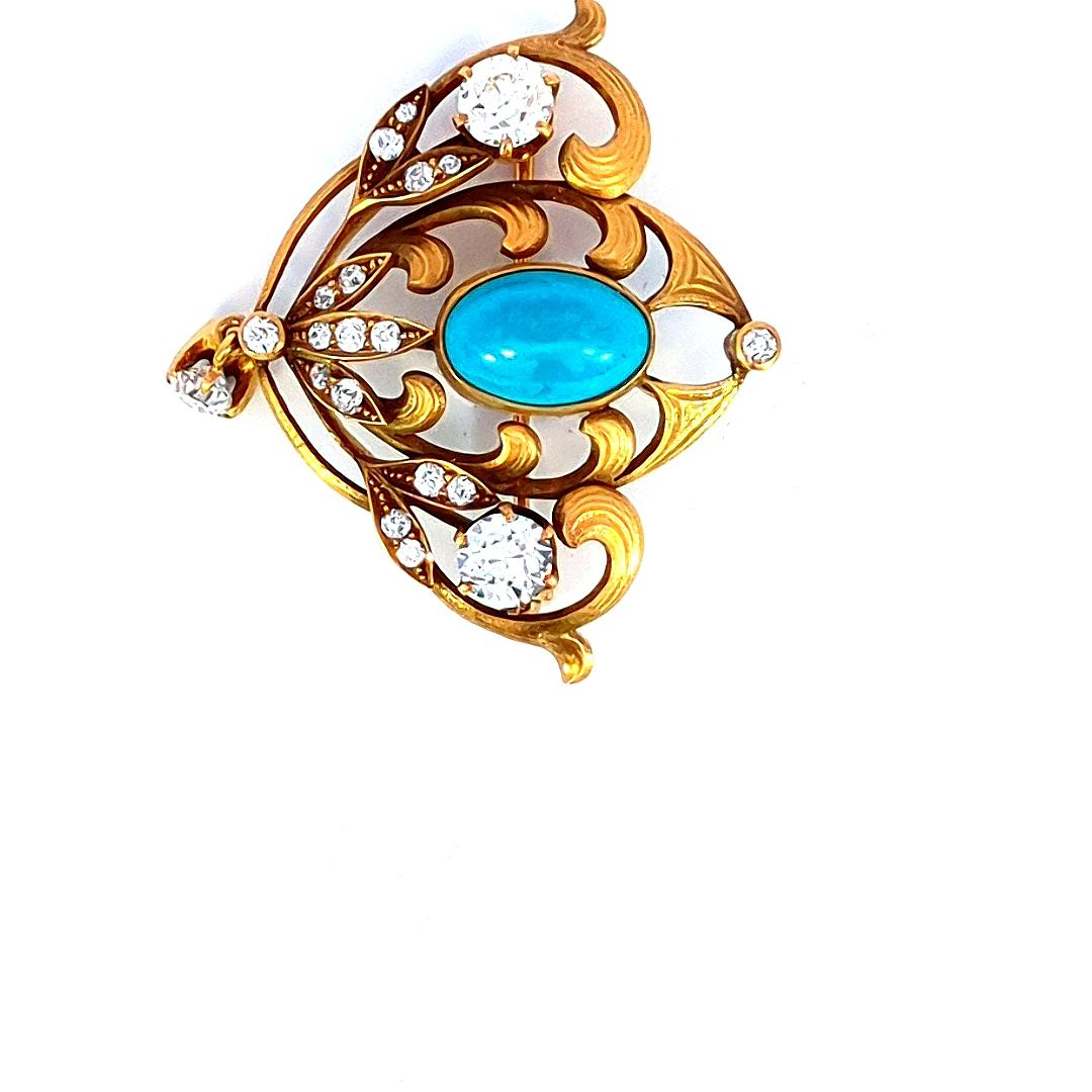 1.25 Carat Diamond and Turquoise Antique Pin 18K Gold