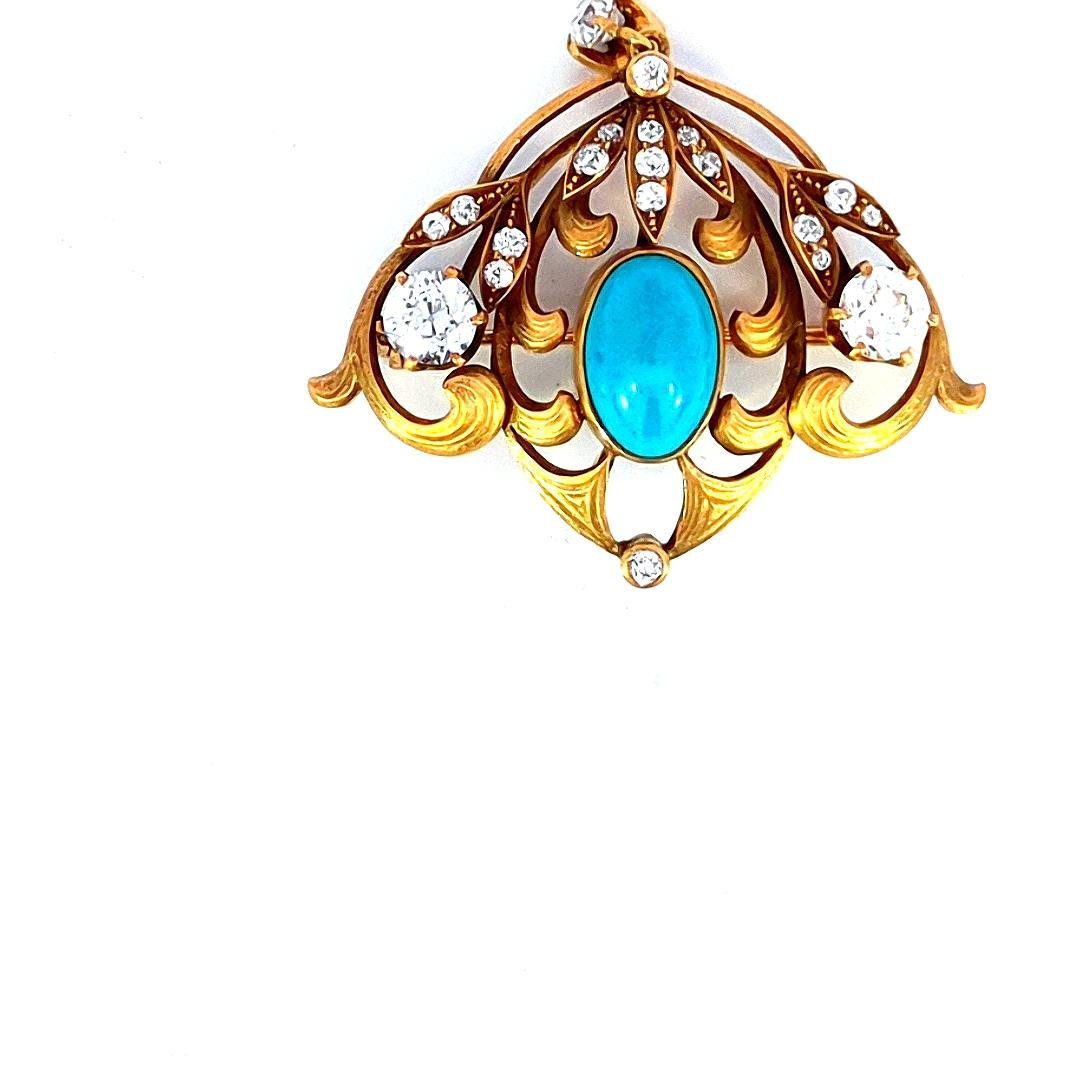 1.25 Carat Diamond and Turquoise Antique Pin 18K Gold