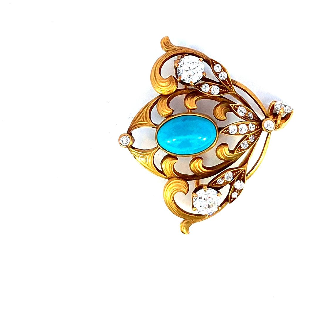 1.25 Carat Diamond and Turquoise Antique Pin 18K Gold