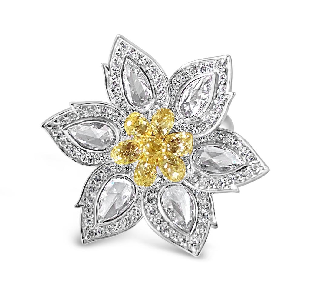1.92 Carat Diamond & 1.34 Carat Briolette Diamond 18K Ring - The Daisy, Size 6
