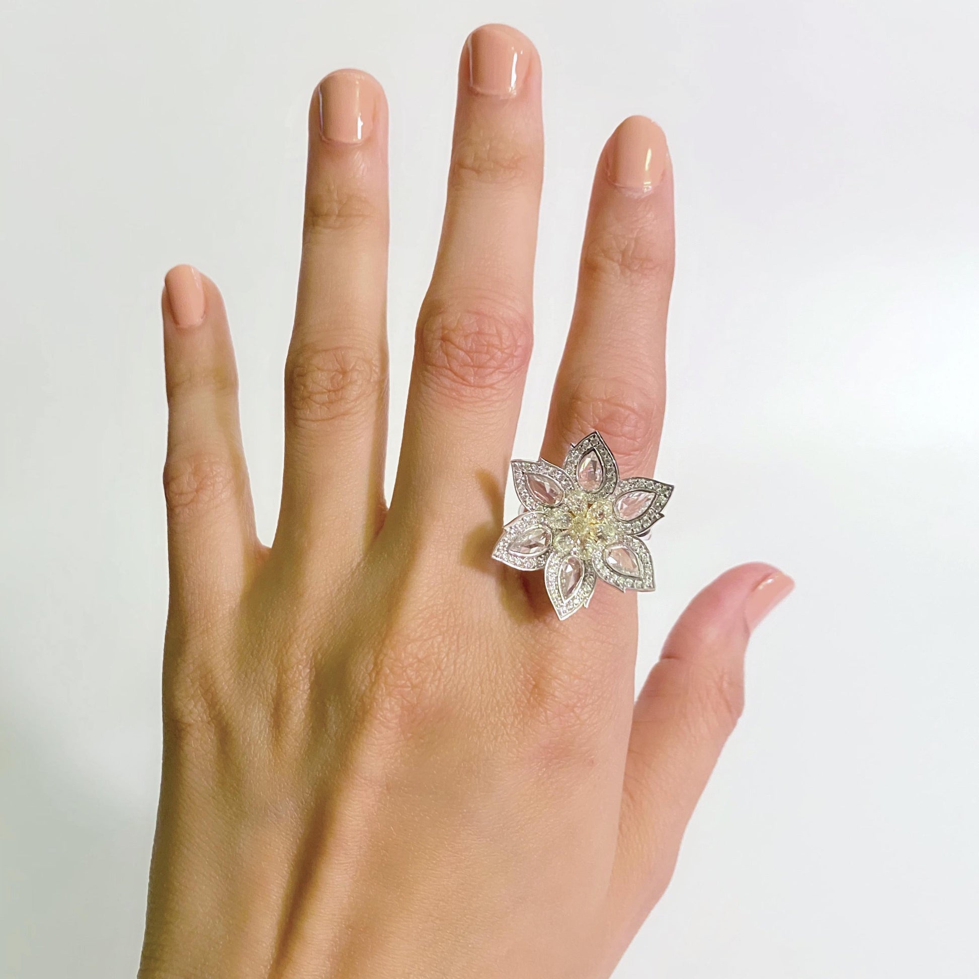 1.92 Carat Diamond & 1.34 Carat Briolette Diamond 18K Ring - The Daisy, Size 6