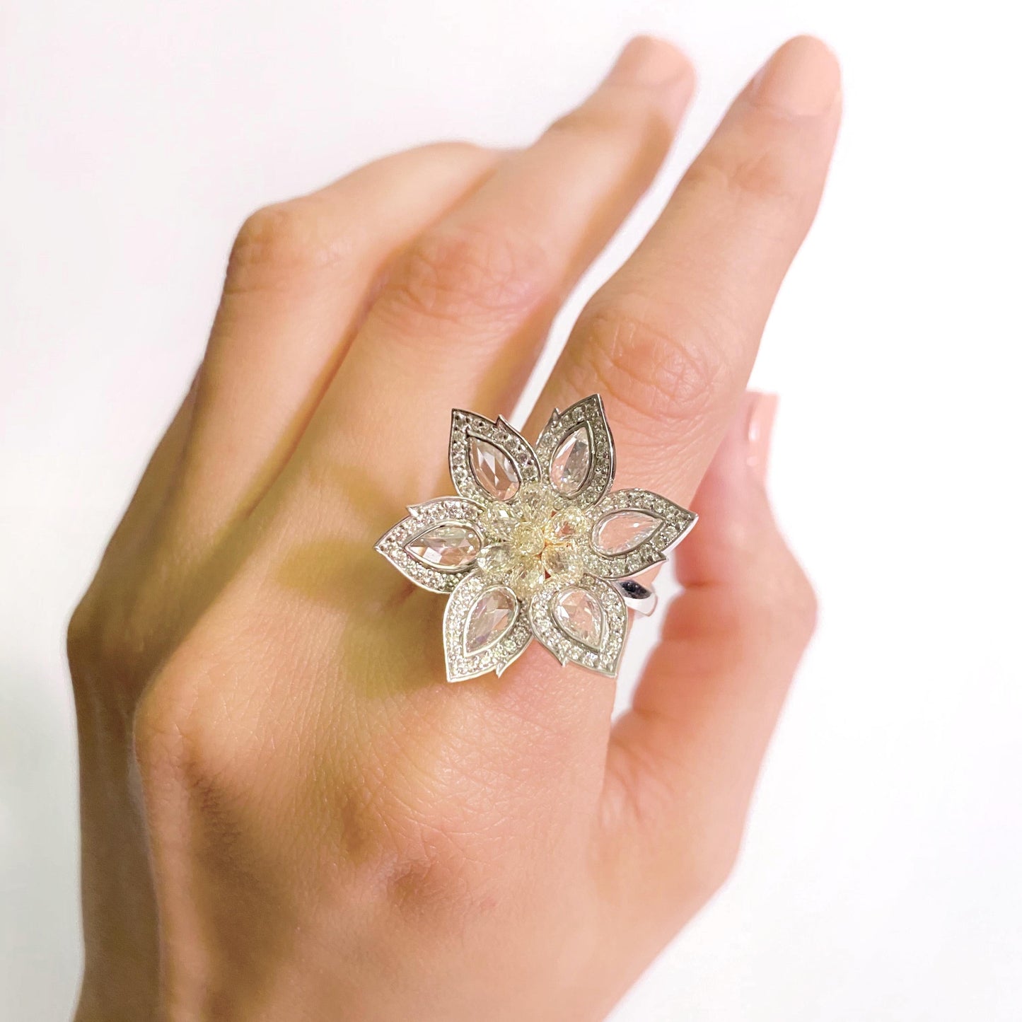 1.92 Carat Diamond & 1.34 Carat Briolette Diamond 18K Ring - The Daisy, Size 6