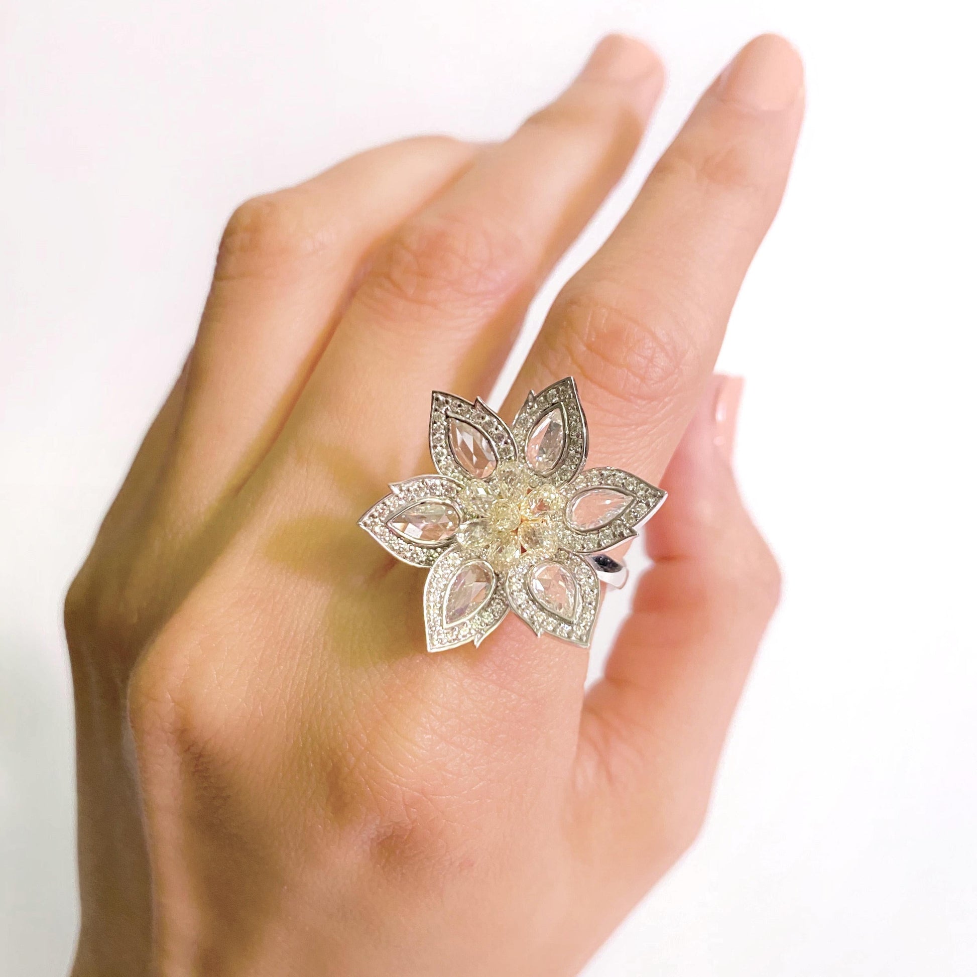 1.92 Carat Diamond & 1.34 Carat Briolette Diamond 18K Ring - The Daisy, Size 6