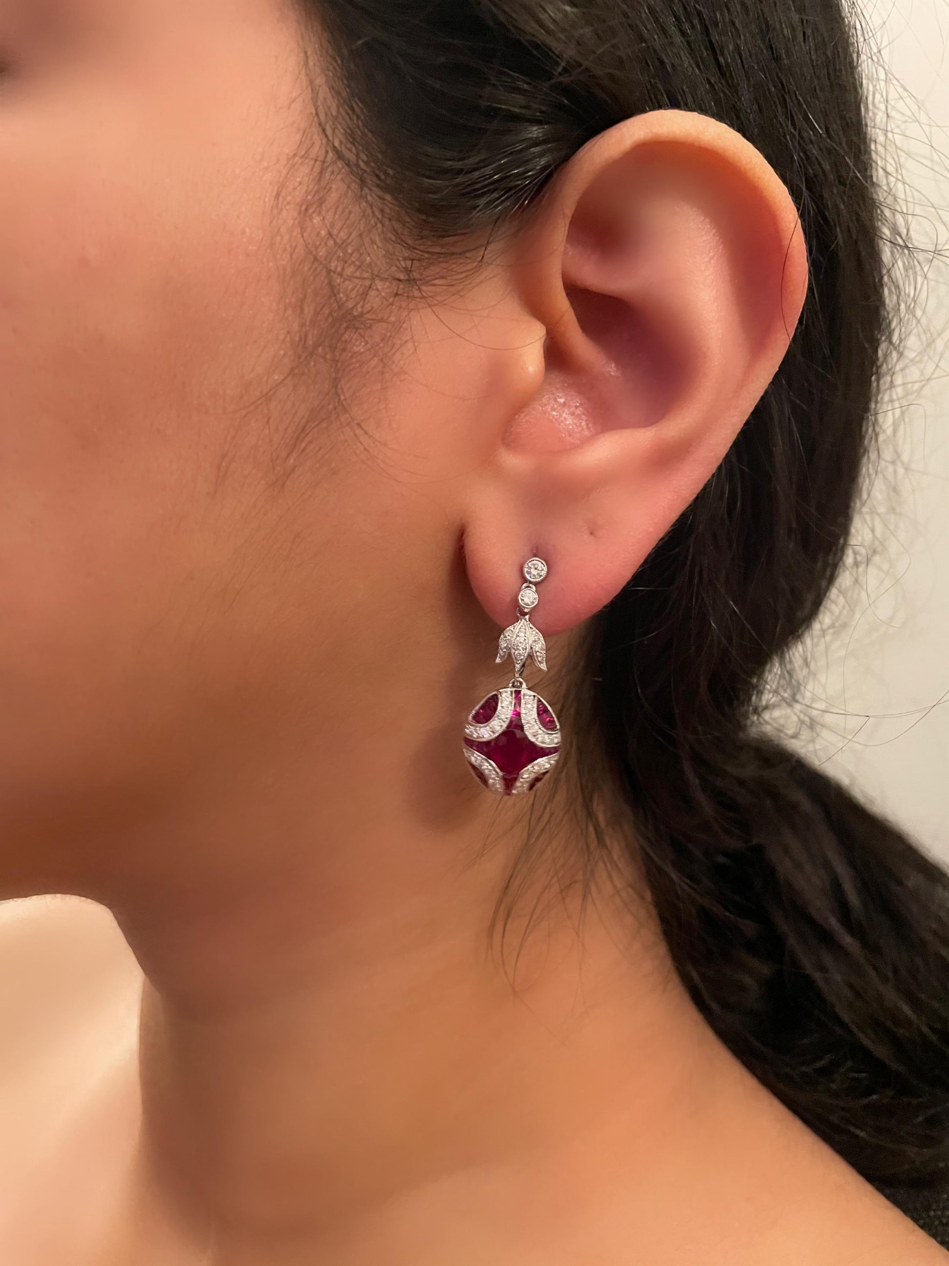 Diamond and Natural Ruby Art Deco Drop Earrings