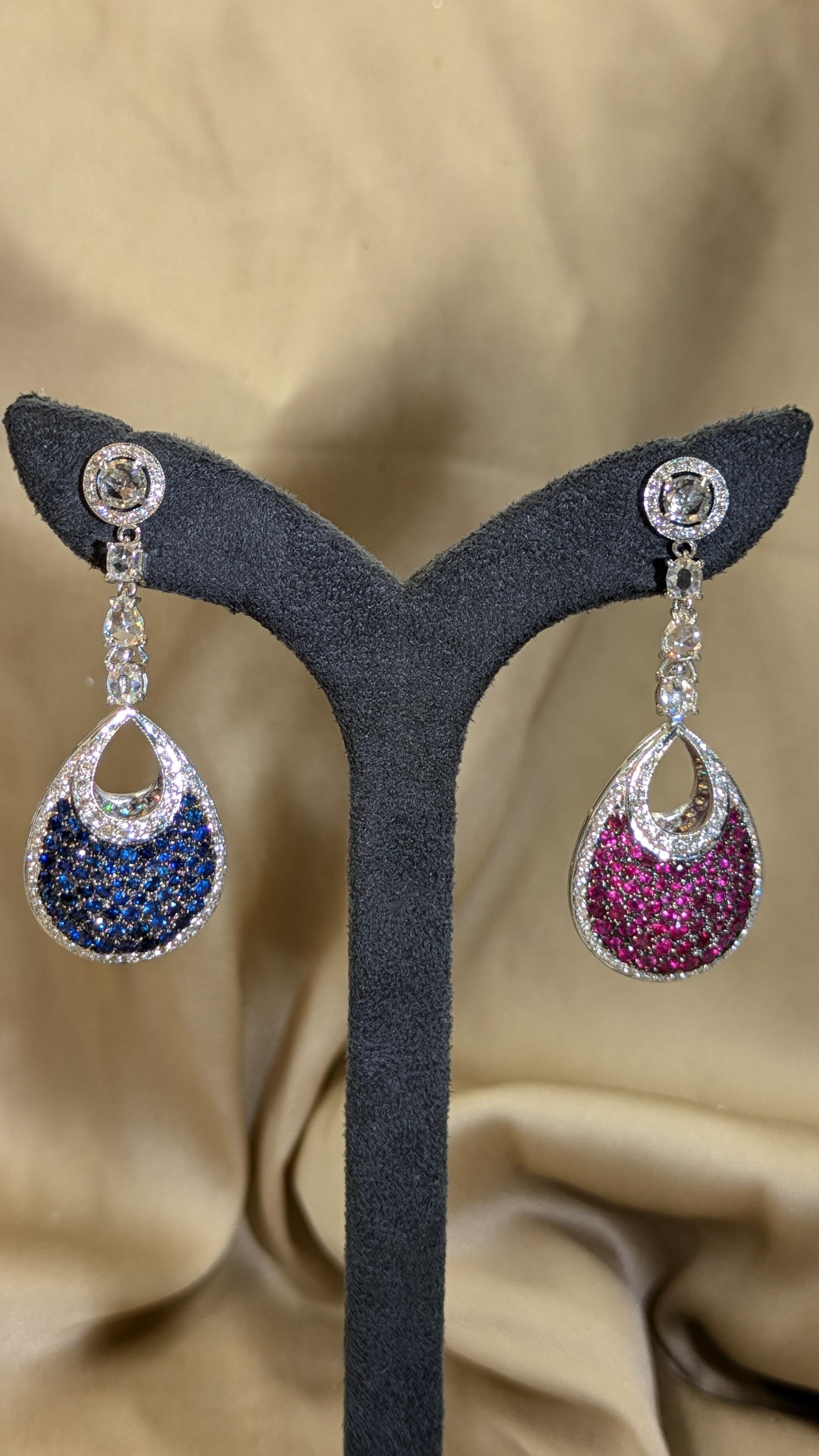 16 Carat Natural Ruby, Sapphir and 4.42 Carat Diamond Two Sided 18K  Earrings