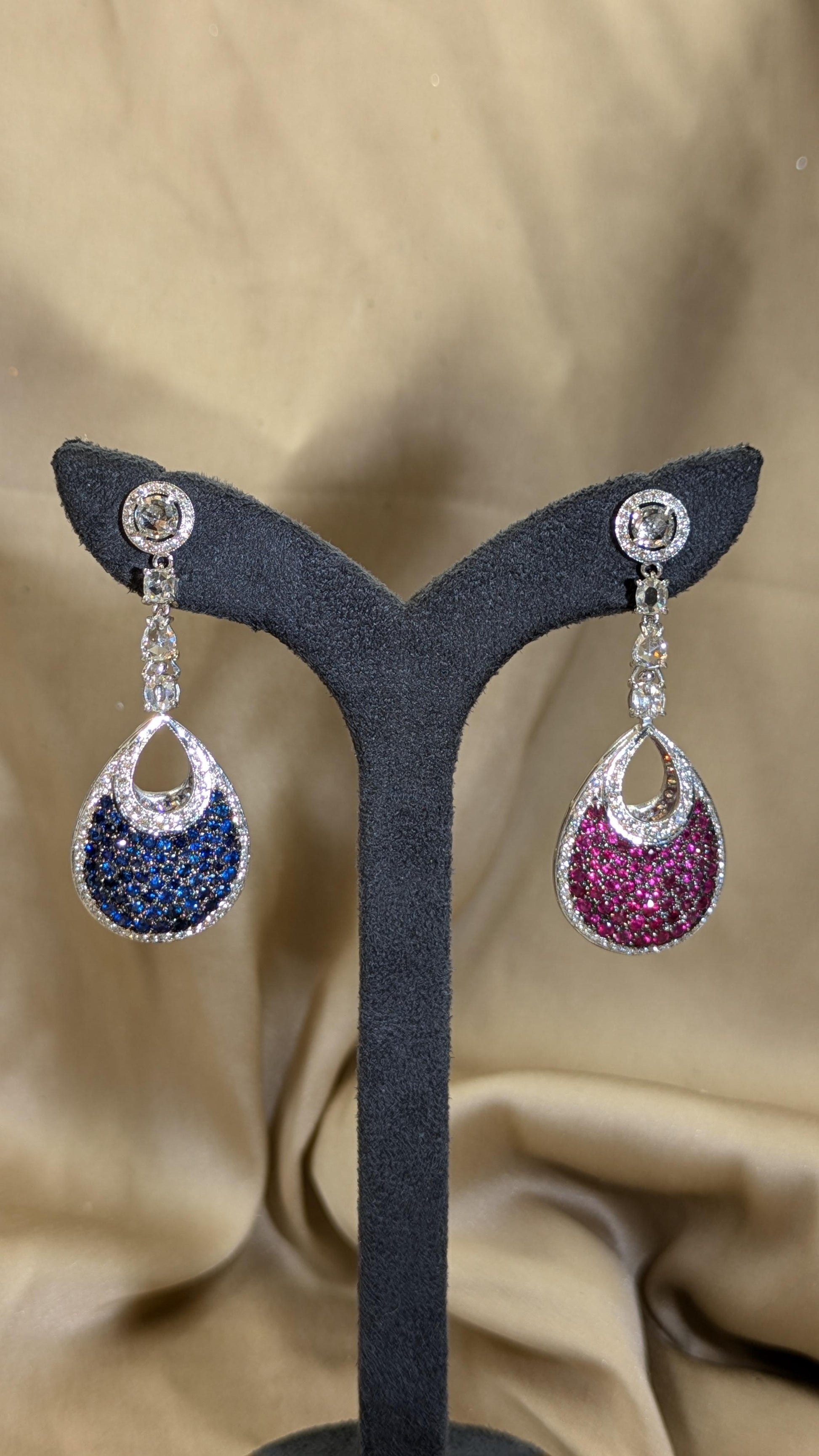 16 Carat Natural Ruby, Sapphir and 4.42 Carat Diamond Two Sided 18K  Earrings