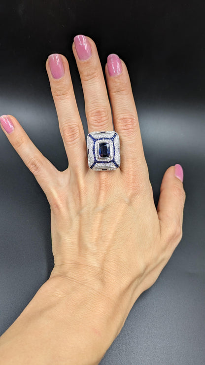 5.6 carat Deco Style Diamond Sapphire Ring