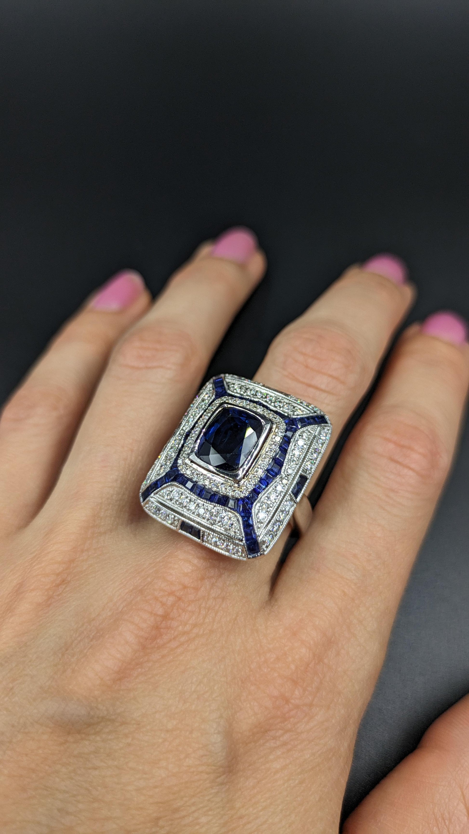 5.6 carat Deco Style Diamond Sapphire Ring