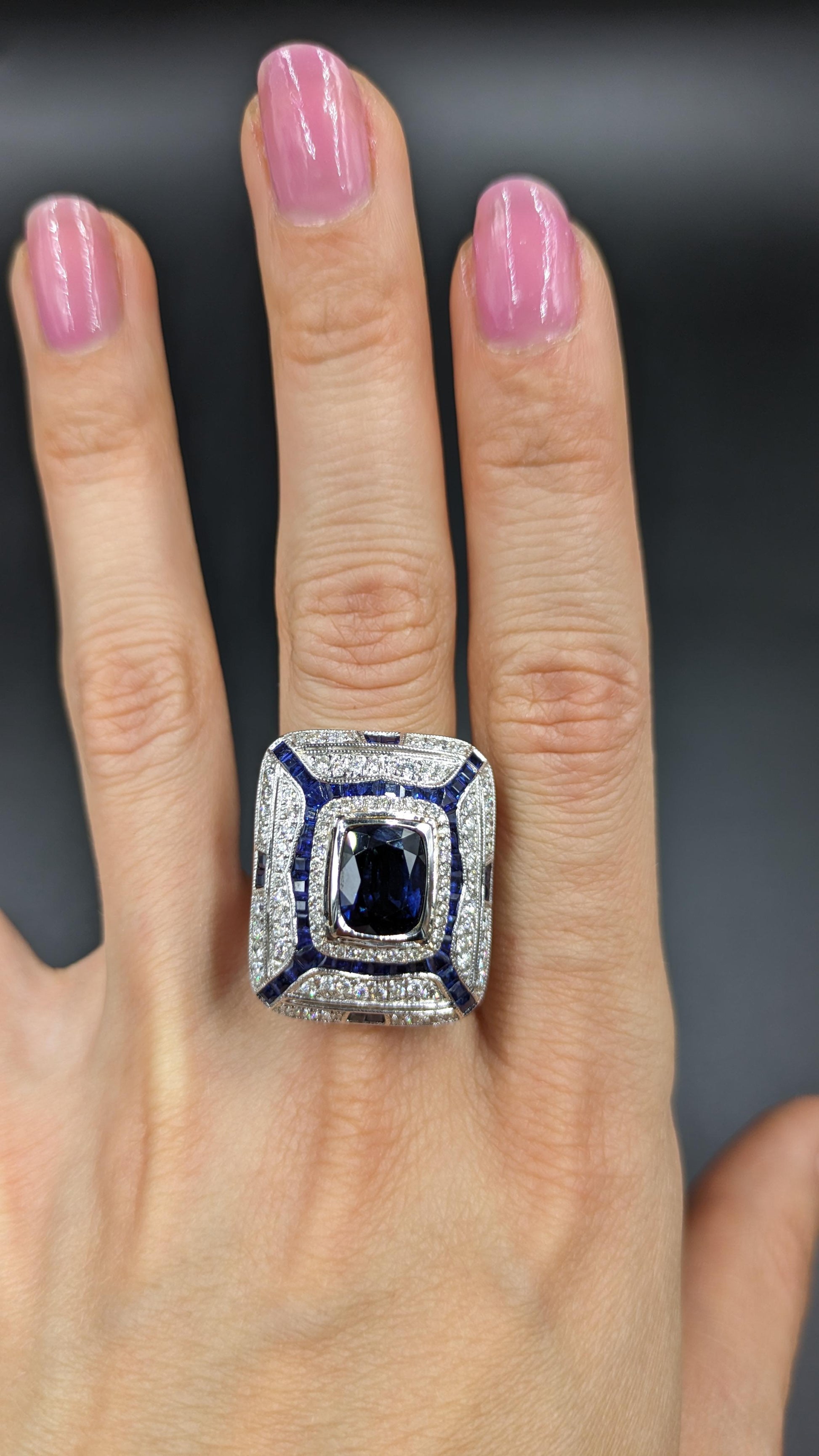 5.6 carat Deco Style Diamond Sapphire Ring