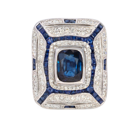 5.6 carat Deco Style Diamond Sapphire Ring