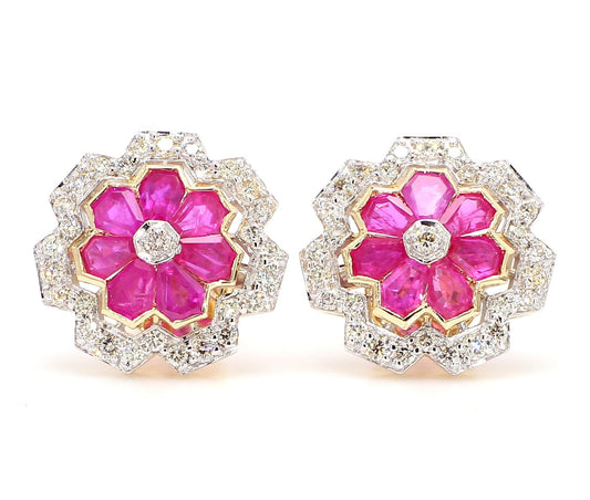 3.12 Carat Ruby and 1.15 Carat Diamond Geometric Flower 18K Gold Earring