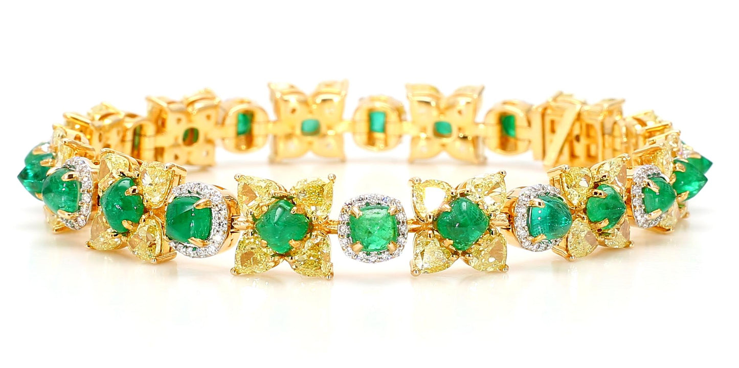Natural Fancy 11.24 Carat Yellow Diamonds 8.18 Carat Columbian Emerald Bracelet