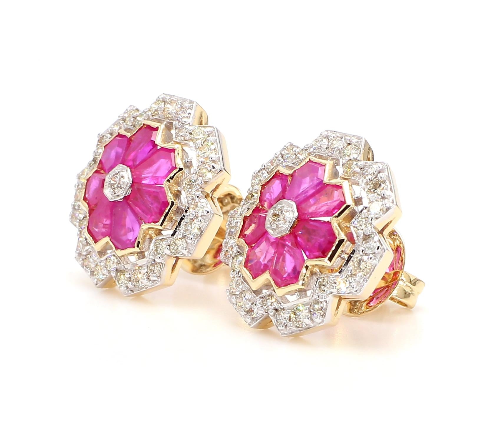 3.12 Carat Ruby and 1.15 Carat Diamond Geometric Flower 18K Gold Earring