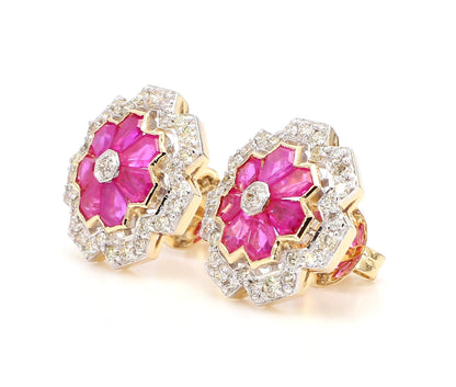 3.12 Carat Ruby and 1.15 Carat Diamond Geometric Flower 18K Gold Earring