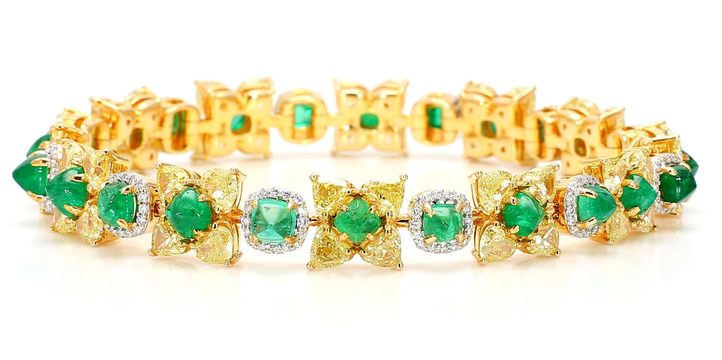 Natural Fancy 11.24 Carat Yellow Diamonds 8.18 Carat Columbian Emerald Bracelet