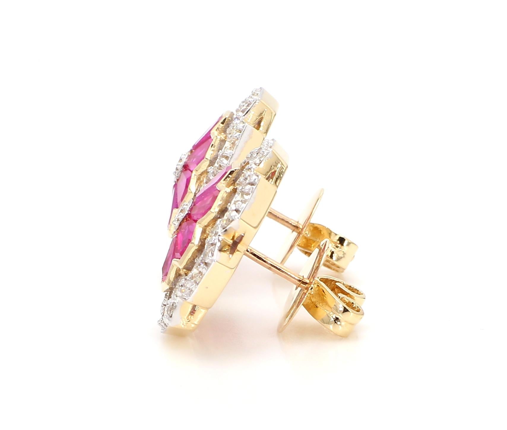 3.12 Carat Ruby and 1.15 Carat Diamond Geometric Flower 18K Gold Earring