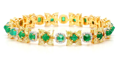 Natural Fancy 11.24 Carat Yellow Diamonds 8.18 Carat Columbian Emerald Bracelet