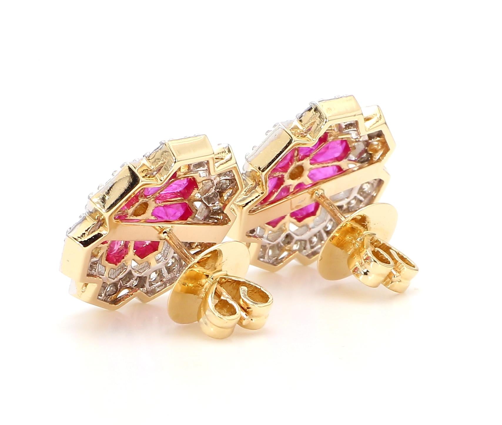 3.12 Carat Ruby and 1.15 Carat Diamond Geometric Flower 18K Gold Earring