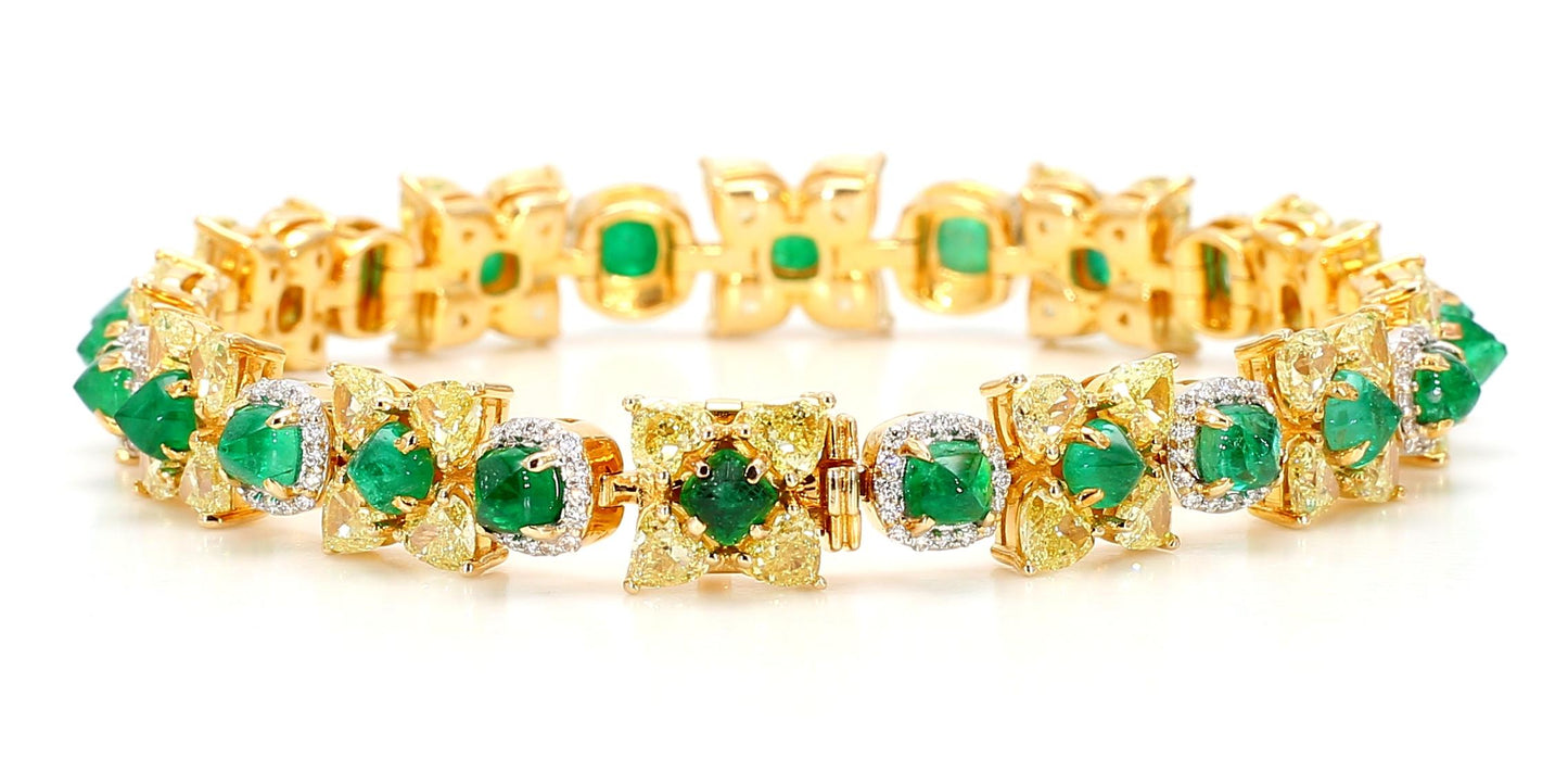 Natural Fancy 11.24 Carat Yellow Diamonds 8.18 Carat Columbian Emerald Bracelet