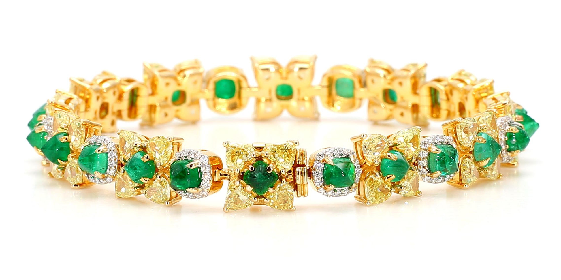 Natural Fancy 11.24 Carat Yellow Diamonds 8.18 Carat Columbian Emerald Bracelet