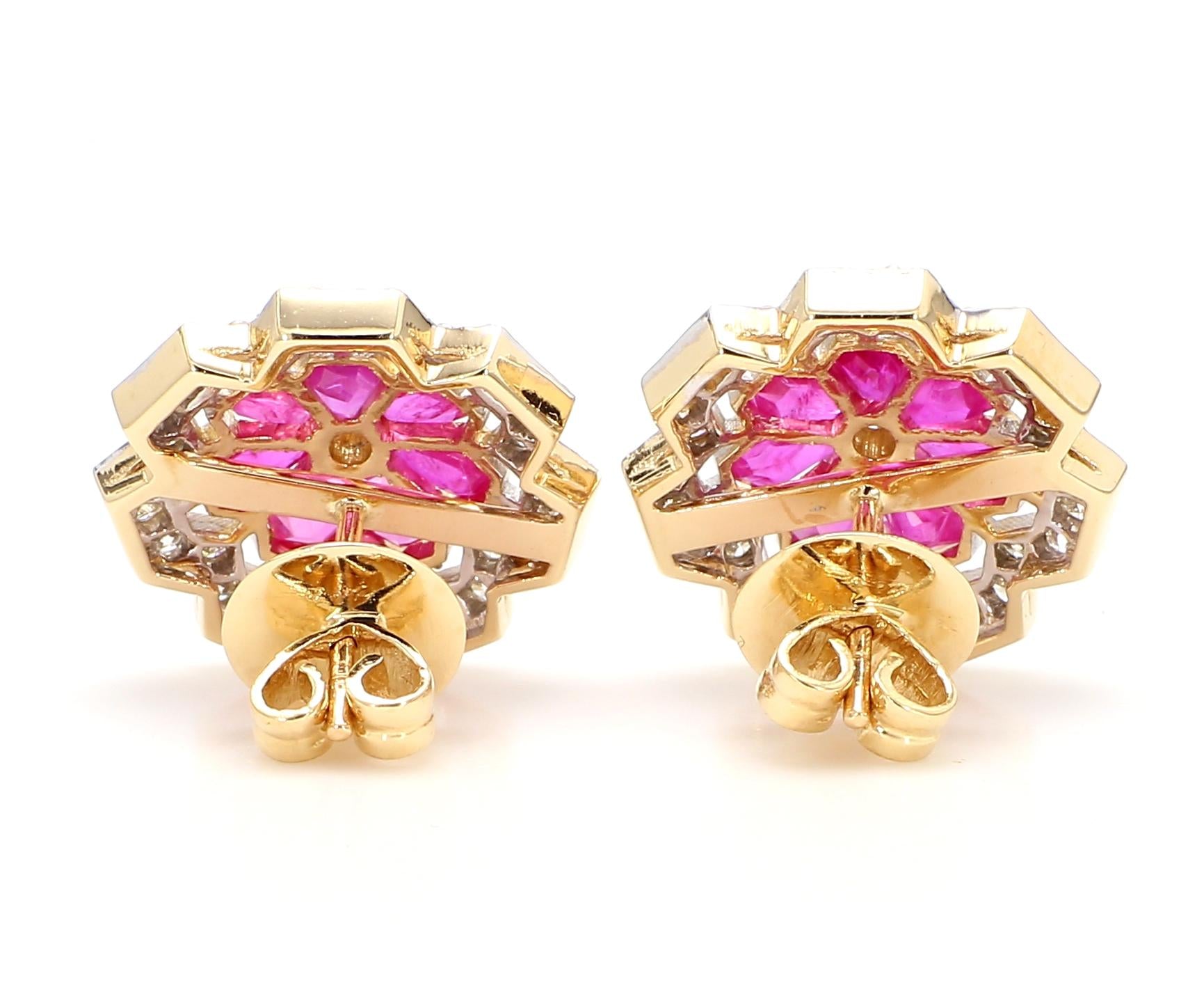 3.12 Carat Ruby and 1.15 Carat Diamond Geometric Flower 18K Gold Earring