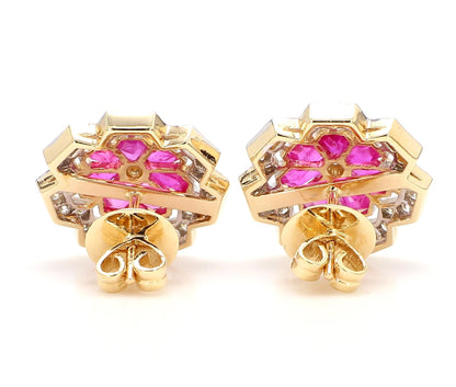 3.12 Carat Ruby and 1.15 Carat Diamond Geometric Flower 18K Gold Earring