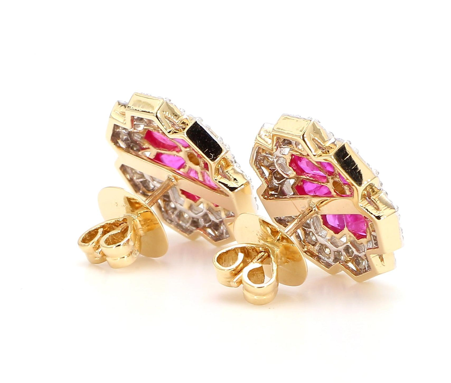 3.12 Carat Ruby and 1.15 Carat Diamond Geometric Flower 18K Gold Earring