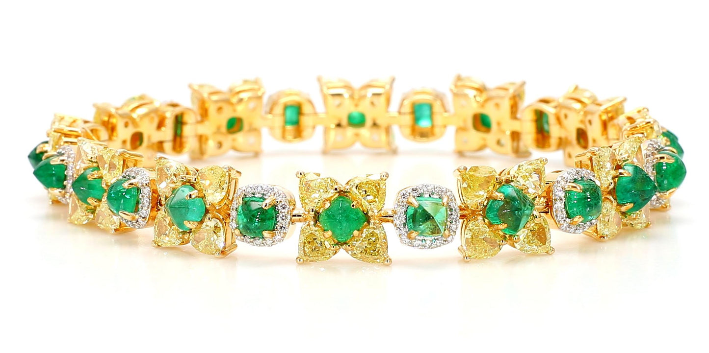 Natural Fancy 11.24 Carat Yellow Diamonds 8.18 Carat Columbian Emerald Bracelet