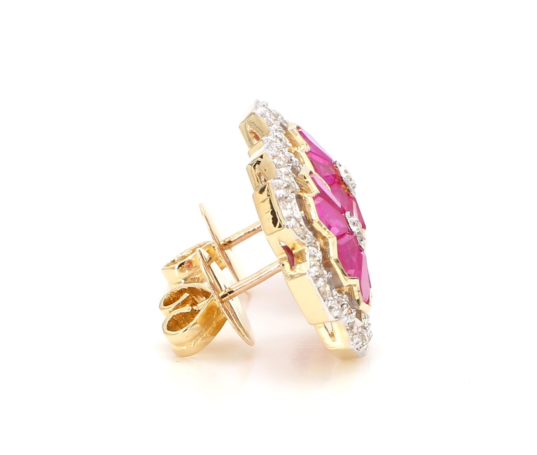 3.12 Carat Ruby and 1.15 Carat Diamond Geometric Flower 18K Gold Earring