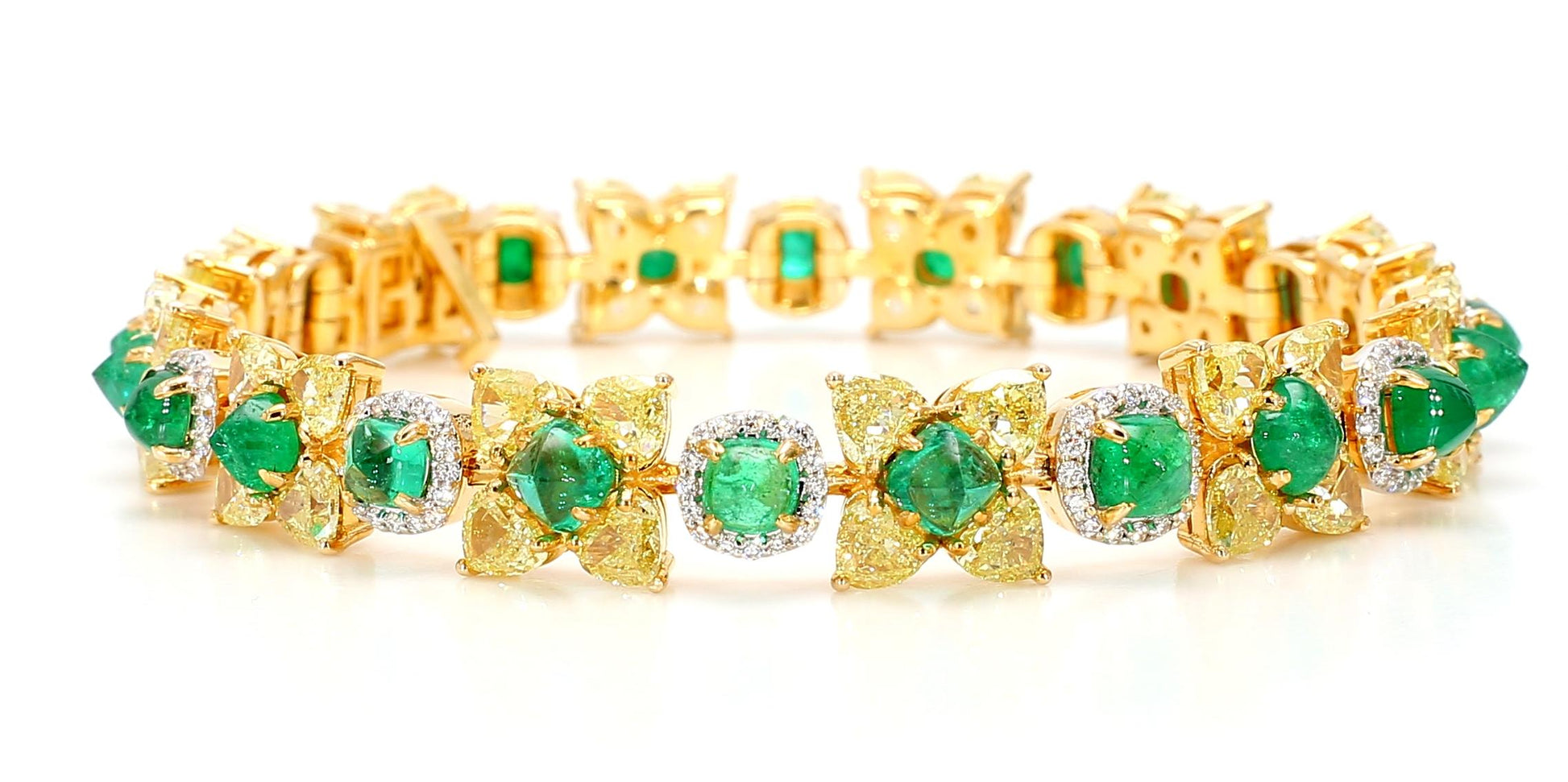 Natural Fancy 11.24 Carat Yellow Diamonds 8.18 Carat Columbian Emerald Bracelet