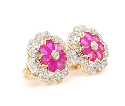 3.12 Carat Ruby and 1.15 Carat Diamond Geometric Flower 18K Gold Earring