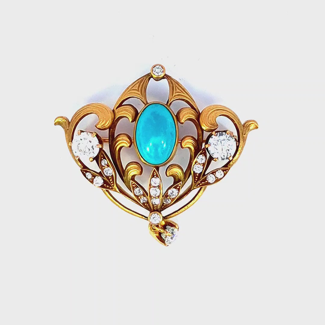 1.25 Carat Diamond and Turquoise Antique Pin 18K Gold