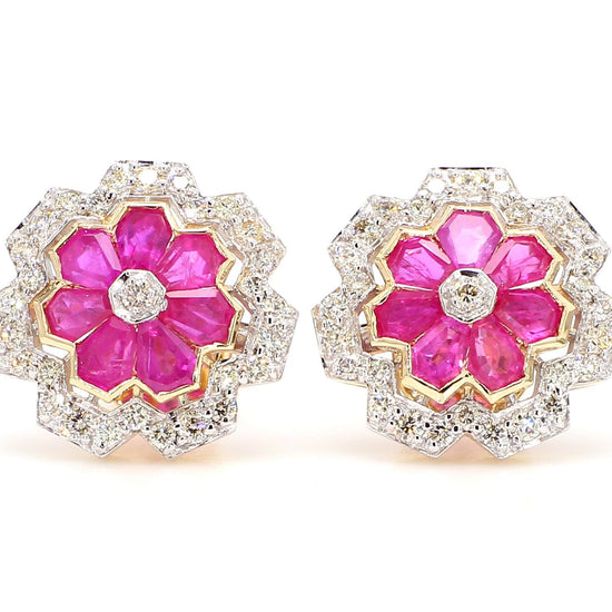 3.12 Carat Ruby and 1.15 Carat Diamond Geometric Flower 18K Gold Earring