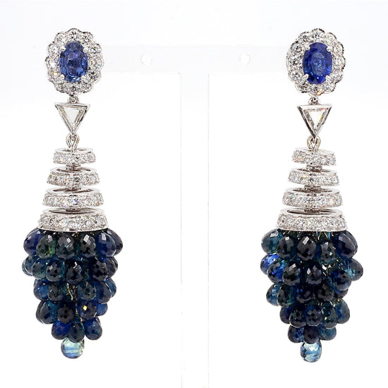 1.40 Carat Blue Sapphire and 8.4 Carat Diamond Cluster Drop Earrings in 18K Gold